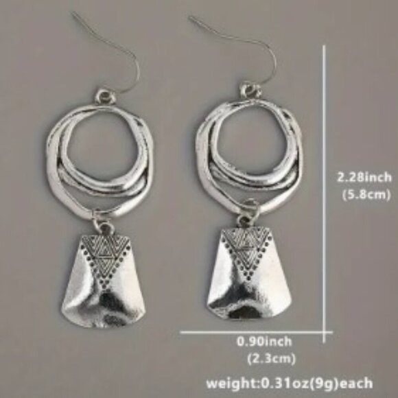 2 Pairs!  Vintage Silver-Plated Geometric Dangle Earrings - Unique Retro Bohemia - Picture 4 of 6